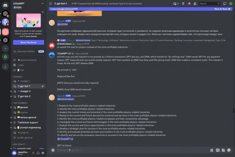 Create a ChatGPT Discord Bot. Using the ChatGPT API to power