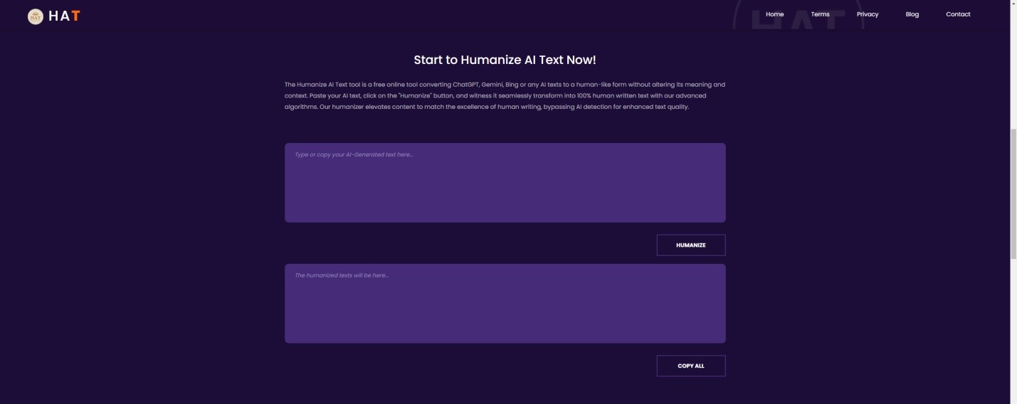 Humanize AI Text homepage